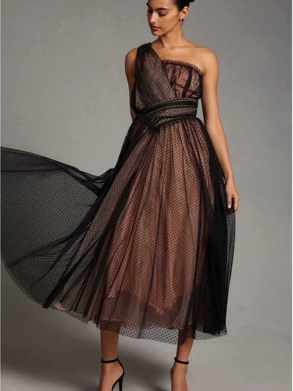 Anthropologie Tulle Dot One-Shoulder Tulle Dress with Nude Lining
